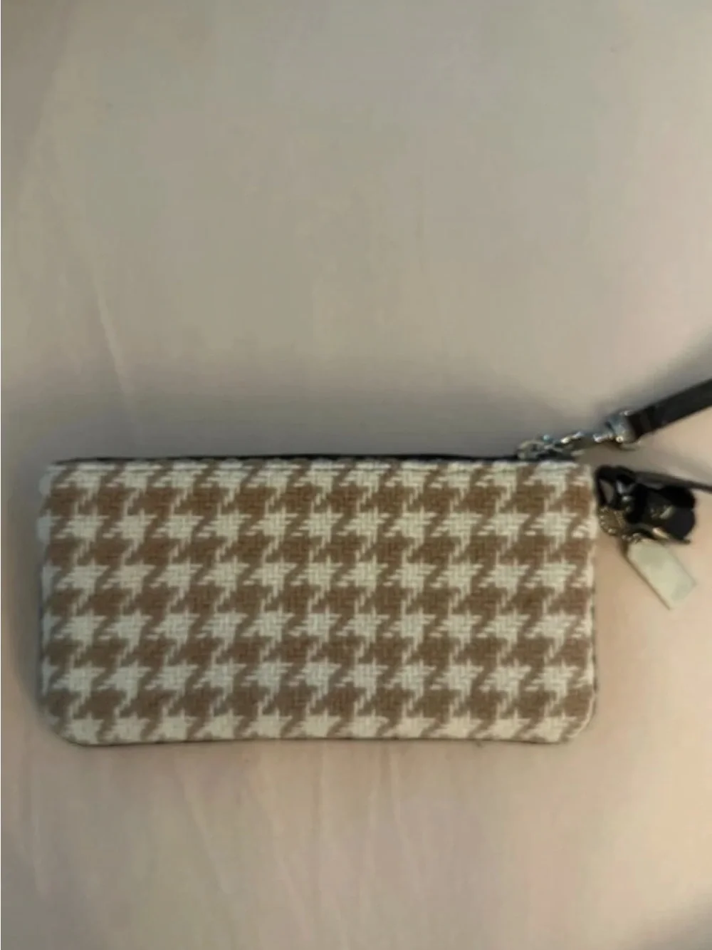 SOLD Coach Beige/Tan Wool Houndstooth Wristlet with Dark Brown Suede and Leather